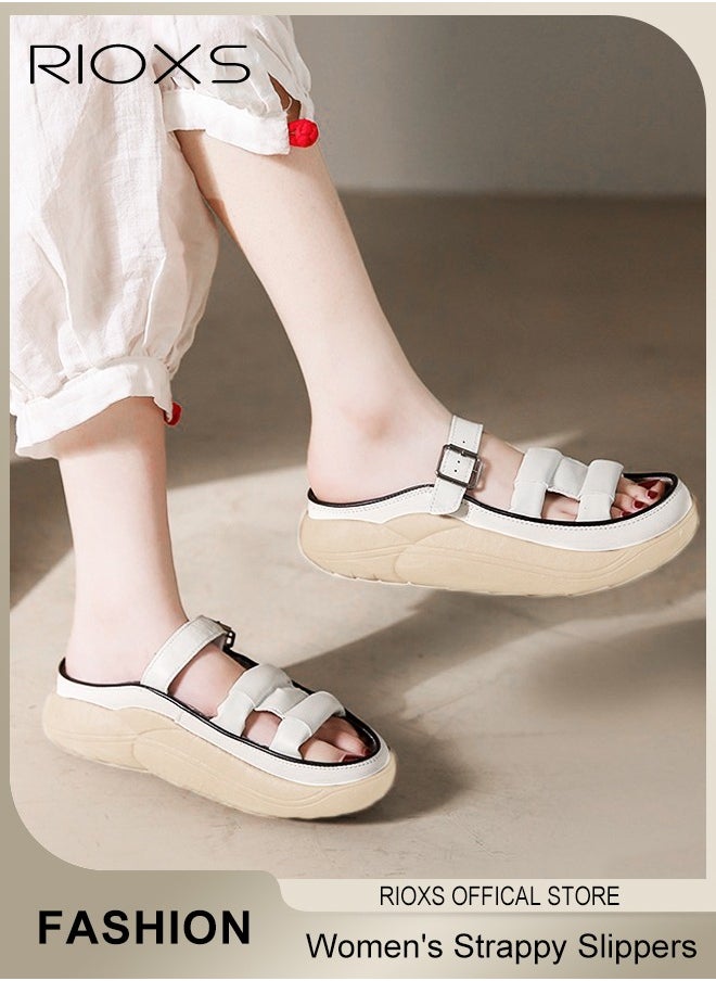 Women's Summer Strappy Slippers Fashion Non-Slip Lightweight Sandals Slip-on Soft Rubber Sole Shoes