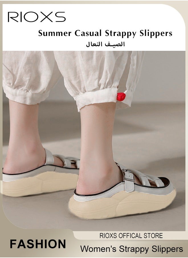Women's Summer Strappy Slippers Fashion Non-Slip Lightweight Sandals Slip-on Soft Rubber Sole Shoes
