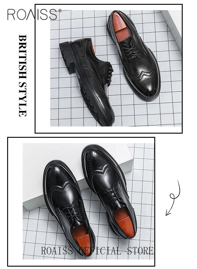 Formal Leather Shoes for Men Round Toe Lace Up Brogue Pattern Breathable Non Slip Shoes Mens Burnished Premium Textured Dress Shoes