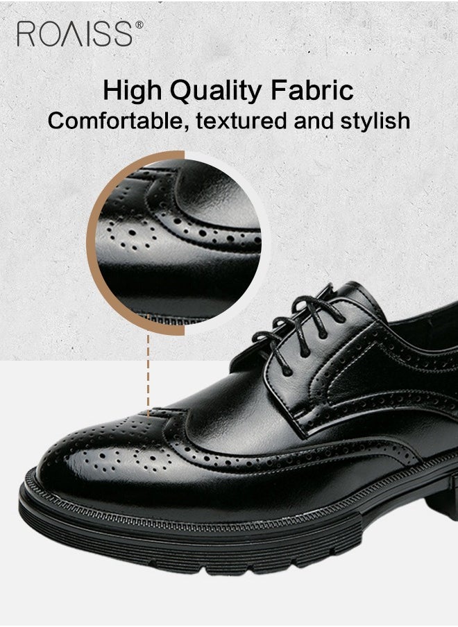 Formal Leather Shoes for Men Round Toe Lace Up Brogue Pattern Breathable Non Slip Shoes Mens Burnished Premium Textured Dress Shoes