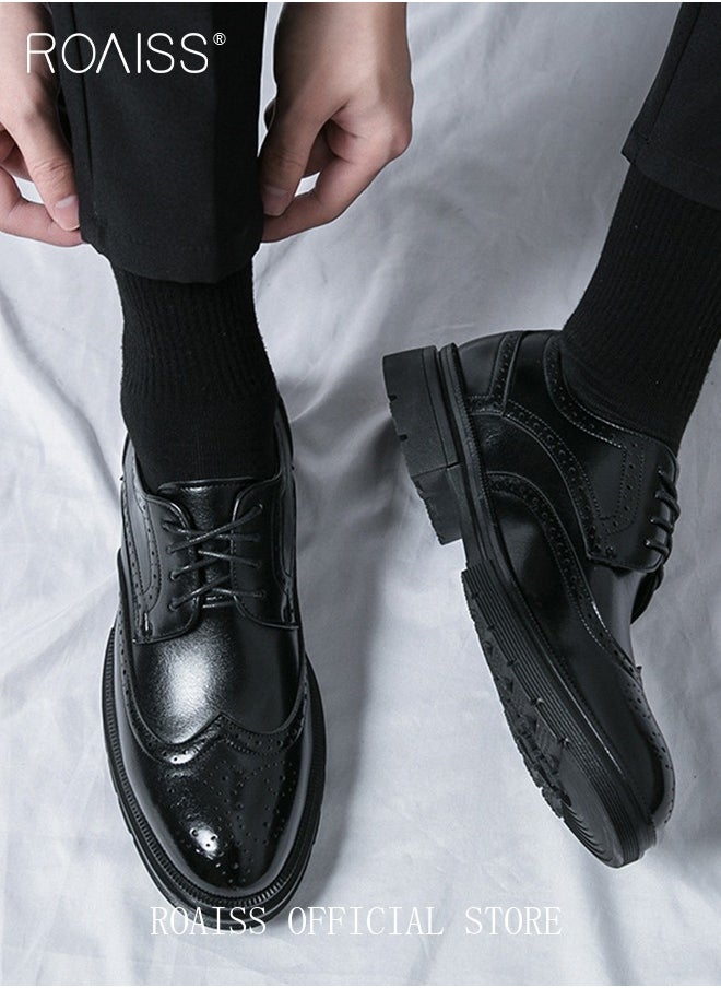 Formal Leather Shoes for Men Round Toe Lace Up Brogue Pattern Breathable Non Slip Shoes Mens Burnished Premium Textured Dress Shoes