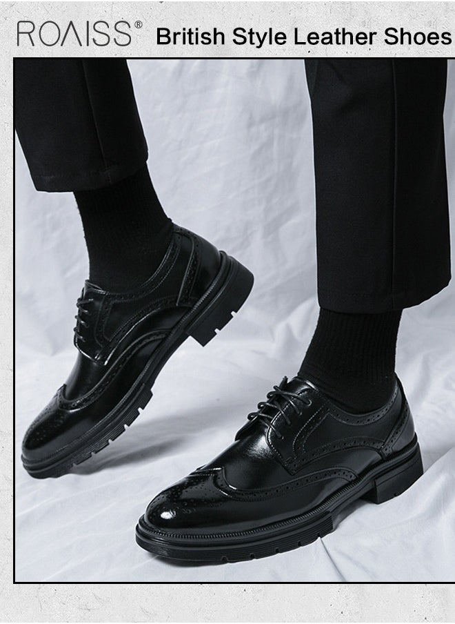 Formal Leather Shoes for Men Round Toe Lace Up Brogue Pattern Breathable Non Slip Shoes Mens Burnished Premium Textured Dress Shoes