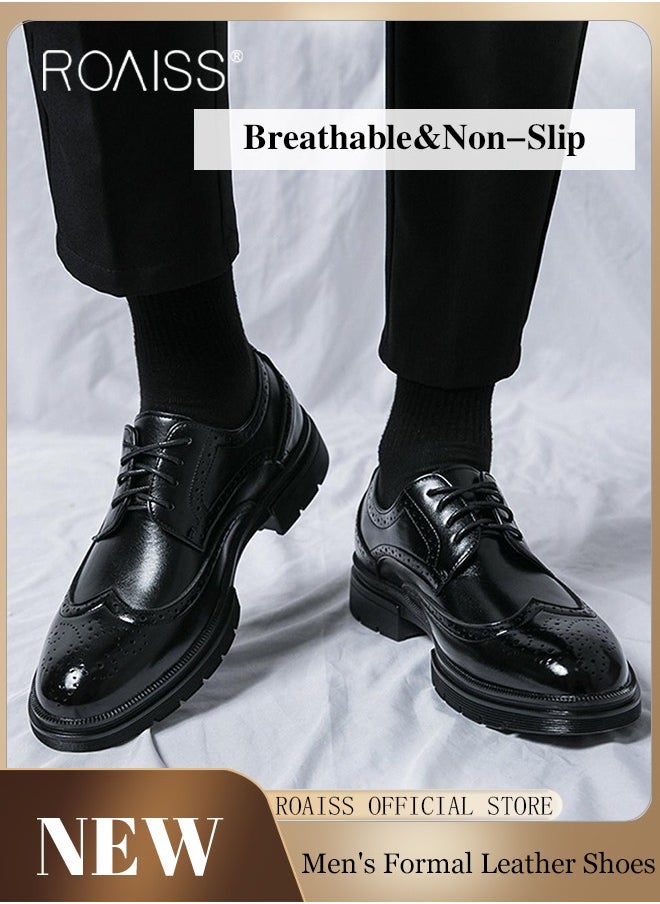 Formal Leather Shoes for Men Round Toe Lace Up Brogue Pattern Breathable Non Slip Shoes Mens Burnished Premium Textured Dress Shoes