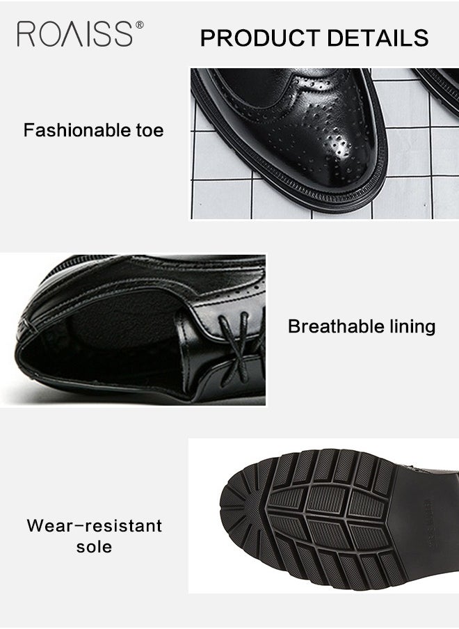 Formal Leather Shoes for Men Round Toe Lace Up Brogue Pattern Breathable Non Slip Shoes Mens Burnished Premium Textured Dress Shoes