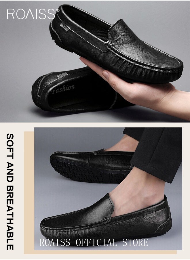 Letter Patch Decor Slip-On Loafers Shoes for Men Casual Driving Shoes with Soft Anti Slip Bottom Round Toe Comfortable Leather Shoes with Stitch Detail