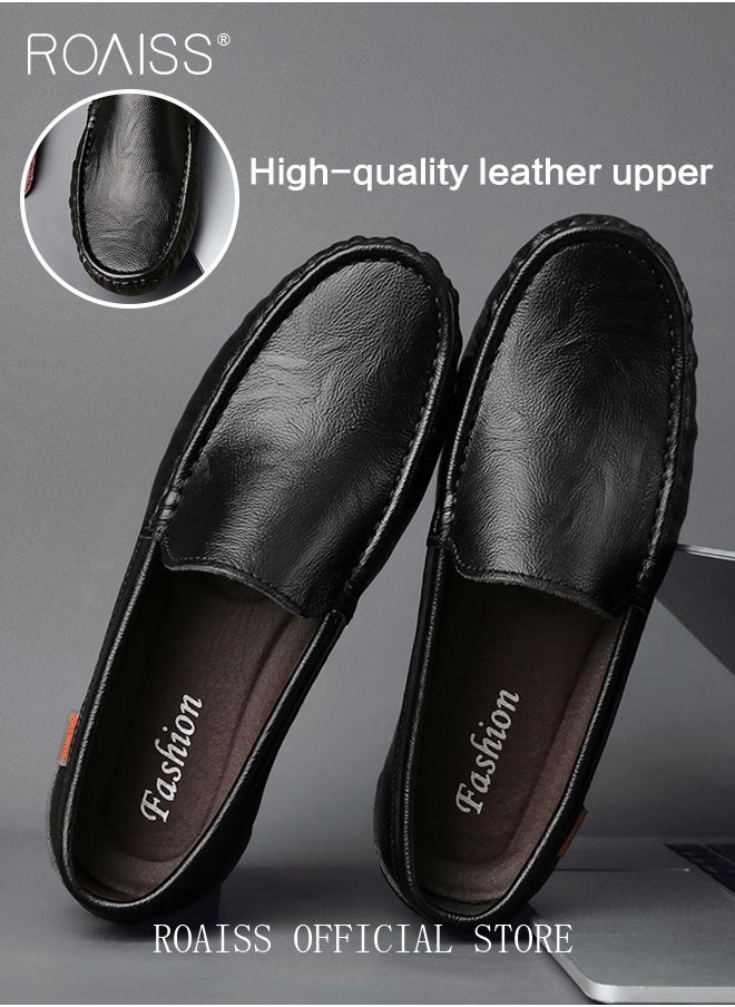 Letter Patch Decor Slip-On Loafers Shoes for Men Casual Driving Shoes with Soft Anti Slip Bottom Round Toe Comfortable Leather Shoes with Stitch Detail