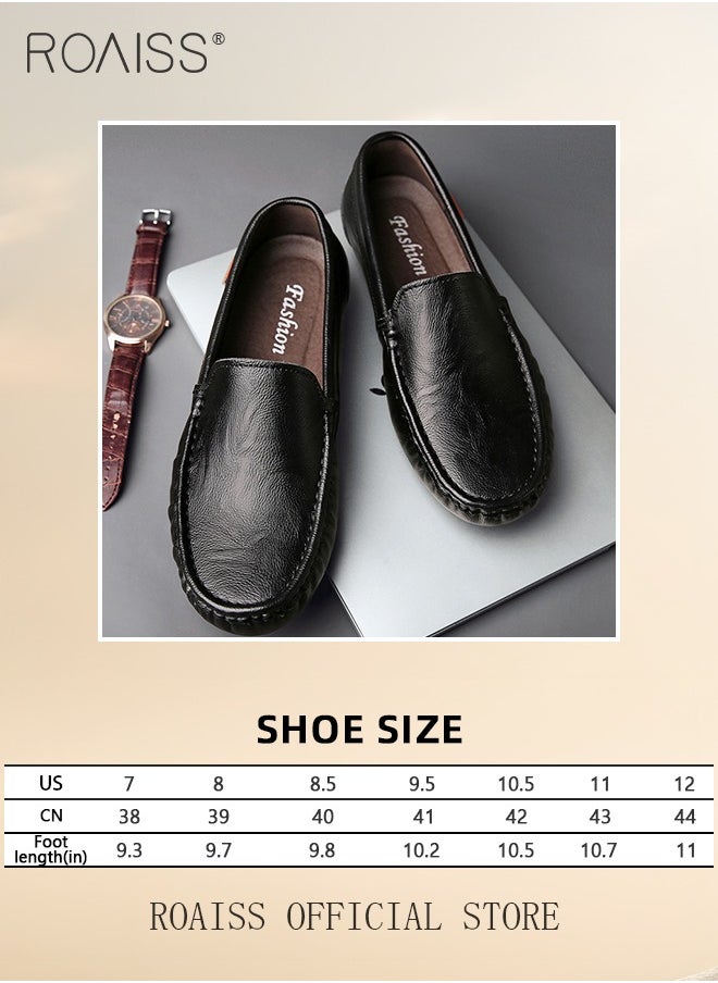 Letter Patch Decor Slip-On Loafers Shoes for Men Casual Driving Shoes with Soft Anti Slip Bottom Round Toe Comfortable Leather Shoes with Stitch Detail