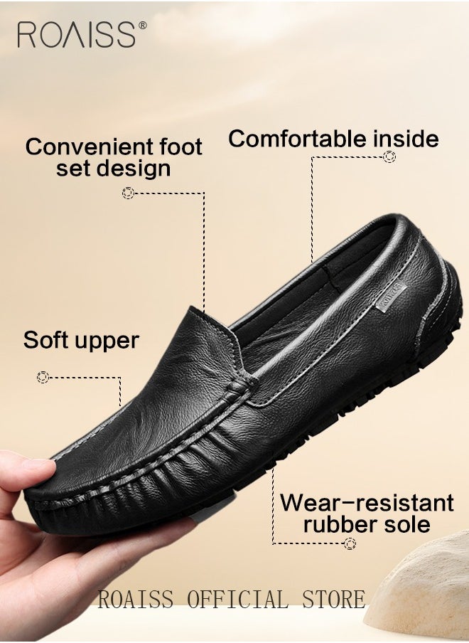 Letter Patch Decor Slip-On Loafers Shoes for Men Casual Driving Shoes with Soft Anti Slip Bottom Round Toe Comfortable Leather Shoes with Stitch Detail