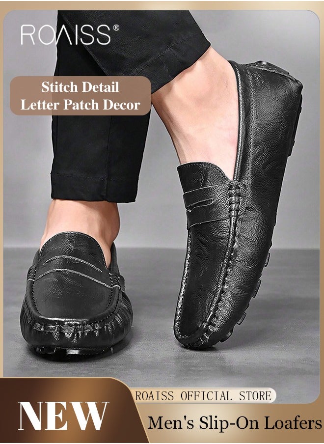 Letter Patch Decor Slip-On Loafers Shoes for Men Casual Driving Shoes with Soft Anti Slip Bottom Round Toe Comfortable Leather Shoes with Stitch Detail