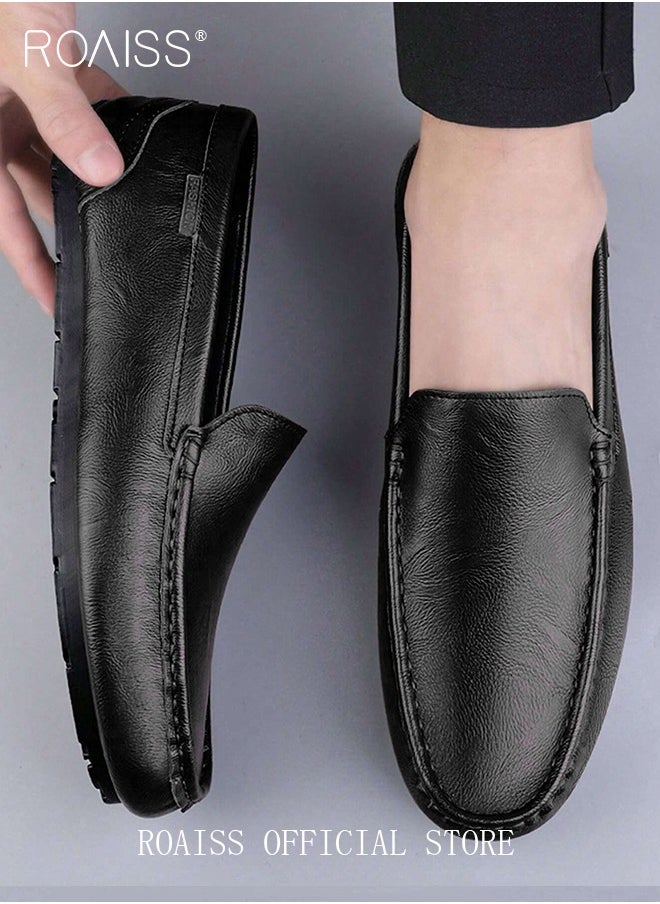 Letter Patch Decor Slip-On Loafers Shoes for Men Casual Driving Shoes with Soft Anti Slip Bottom Round Toe Comfortable Leather Shoes with Stitch Detail