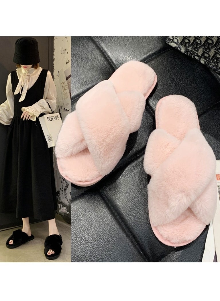 Women's Home Plush and comfortable Cross-strap slippers Light luxury soft sole Fluffy indoor and outdoor slippers（Pink）