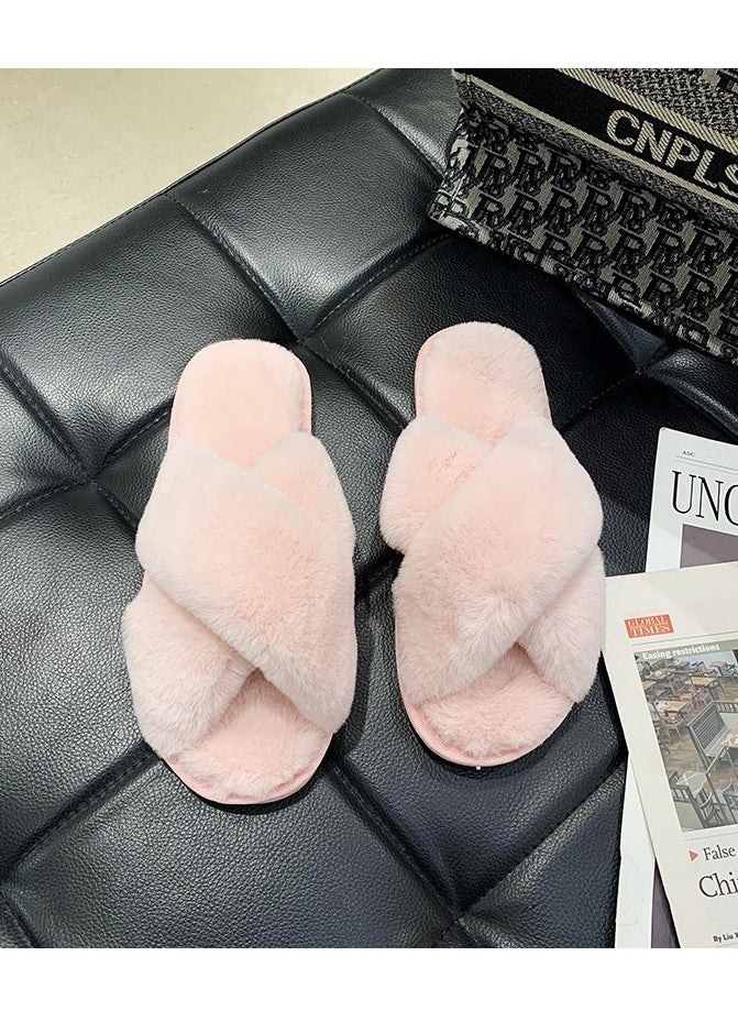 Women's Home Plush and comfortable Cross-strap slippers Light luxury soft sole Fluffy indoor and outdoor slippers（Pink）