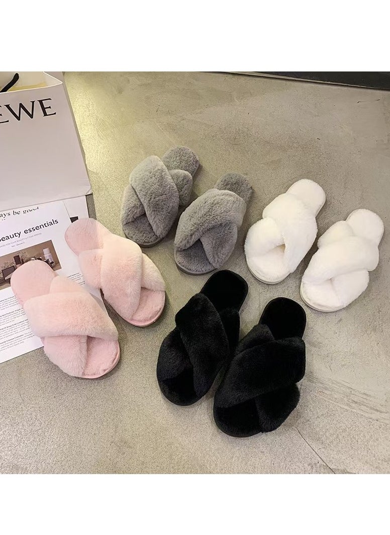 Women's Home Plush and comfortable Cross-strap slippers Light luxury soft sole Fluffy indoor and outdoor slippers（Pink）