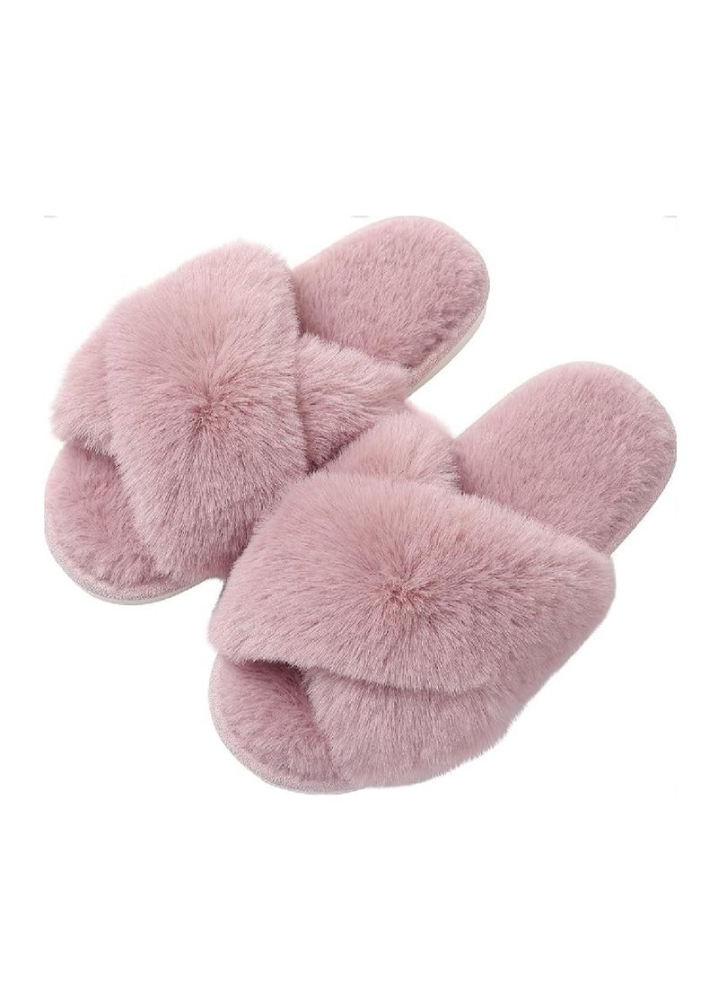 Women's Home Plush and comfortable Cross-strap slippers Light luxury soft sole Fluffy indoor and outdoor slippers（Pink）