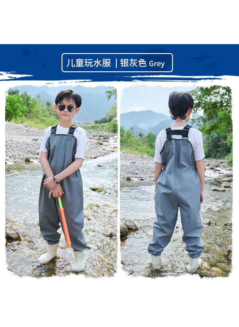 Kids Waterproof Waders Overalls Fishing Beachwear Silver Gray-PVC suspenders