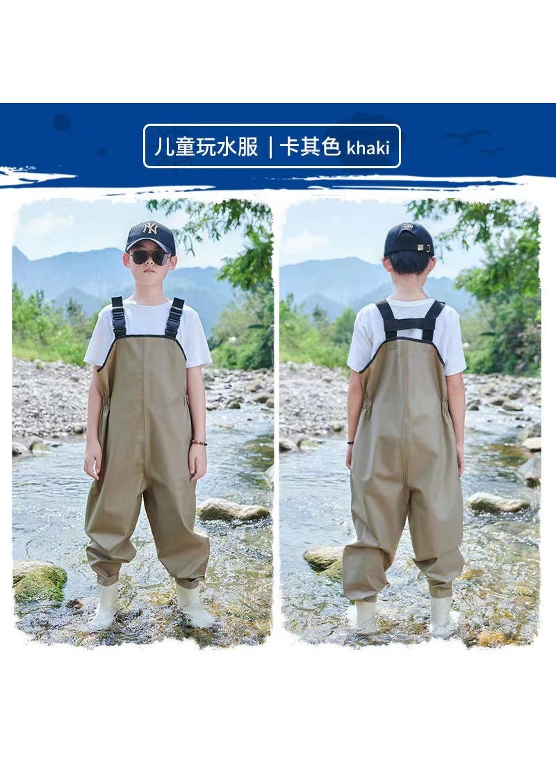 Kids Waterproof Waders Overalls Fishing Beachwear Khaki-Nylon suspenders