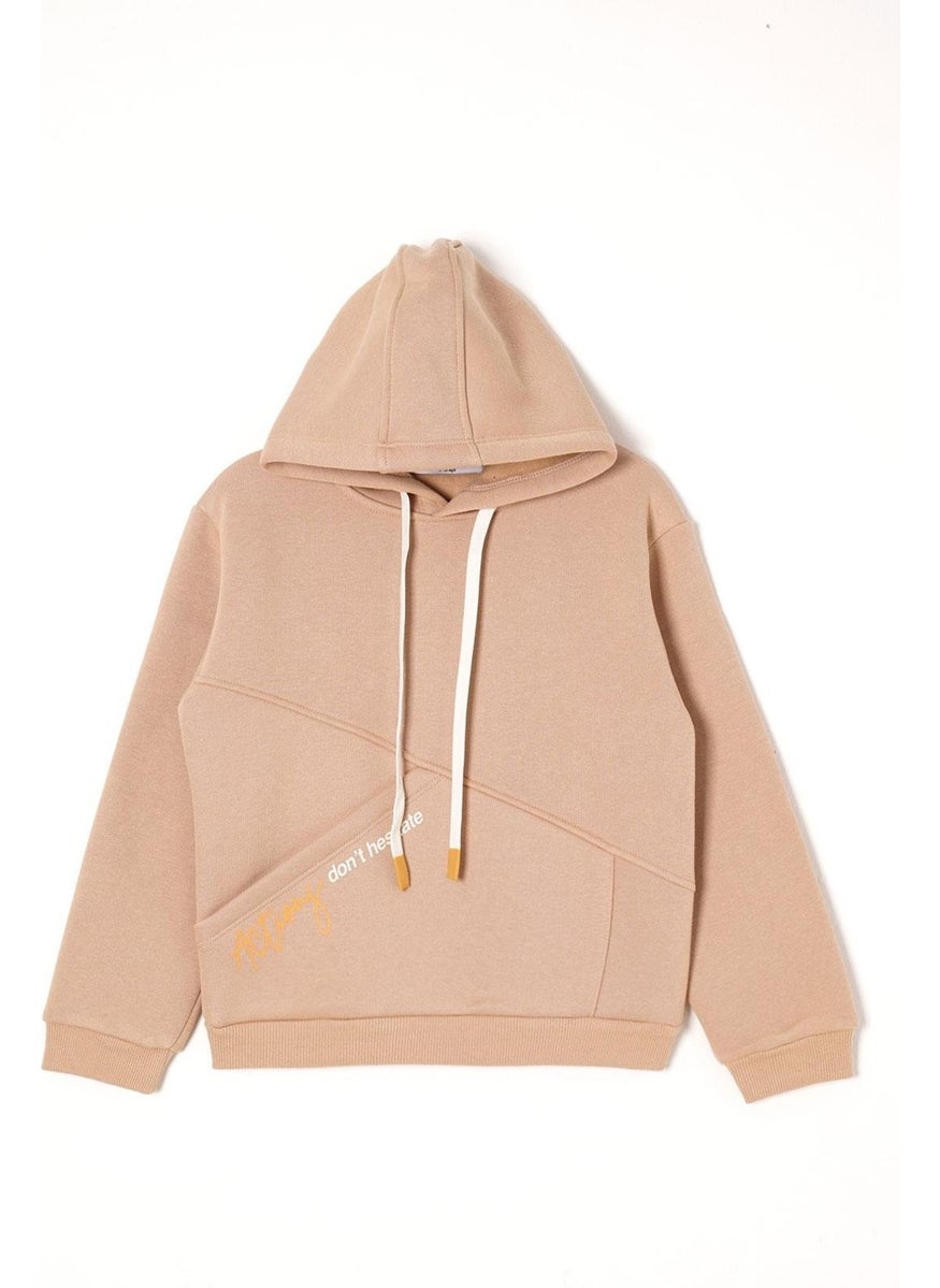 Hooded Long Sleeve Text Printed Mink Color Boy Tracksuit Set