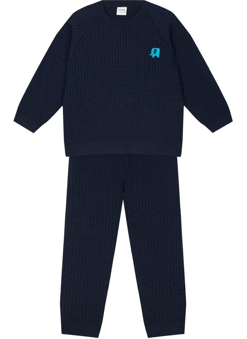Elephant Embroidered Navy Blue Herringbone Sweater and Trousers