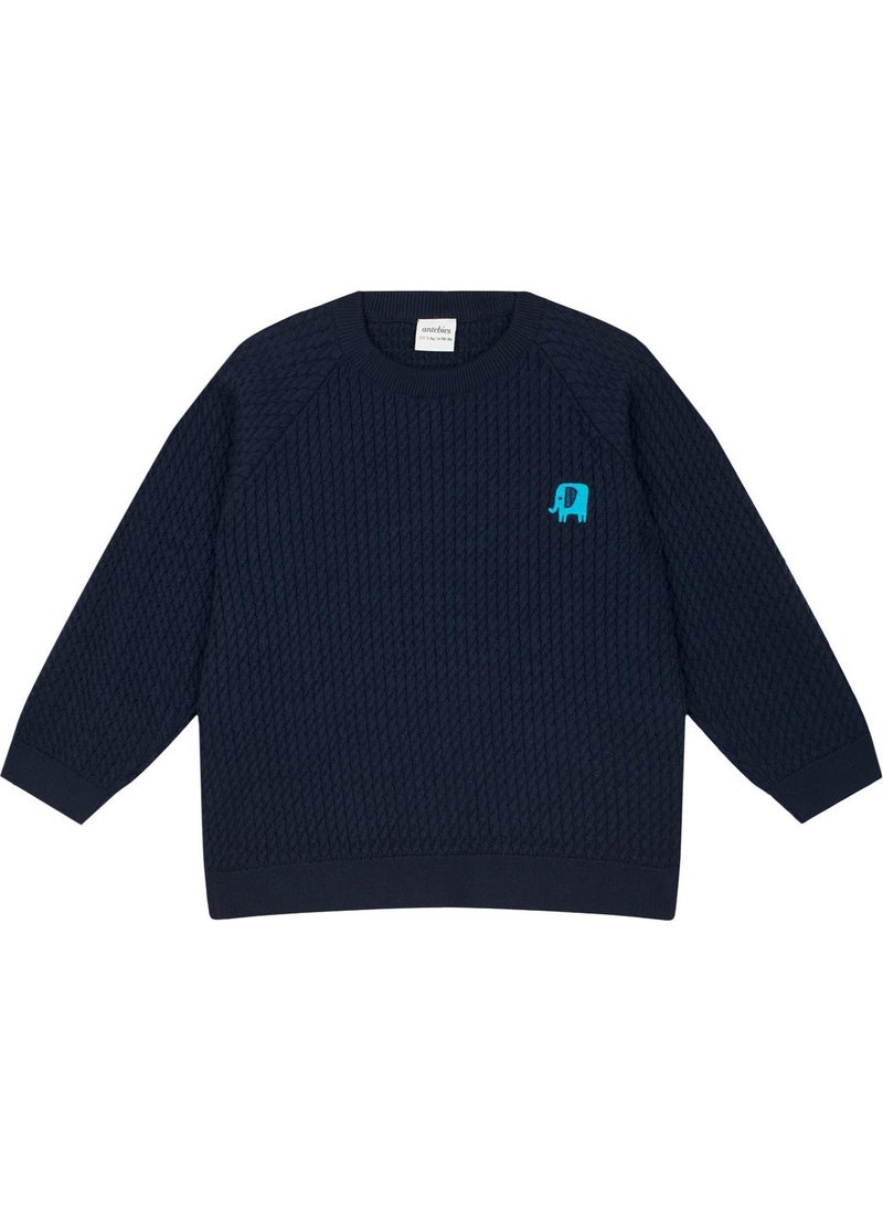 Elephant Embroidered Navy Blue Herringbone Sweater and Trousers