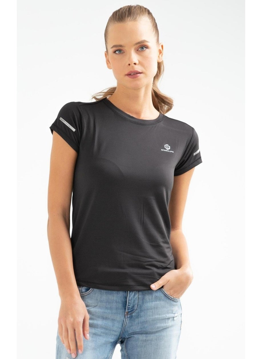 Plain Black Slim Fit Knit Pattern Lycra O Neck Short Sleeve Women's T-Shirt Black Polyester Crew Neck Sl