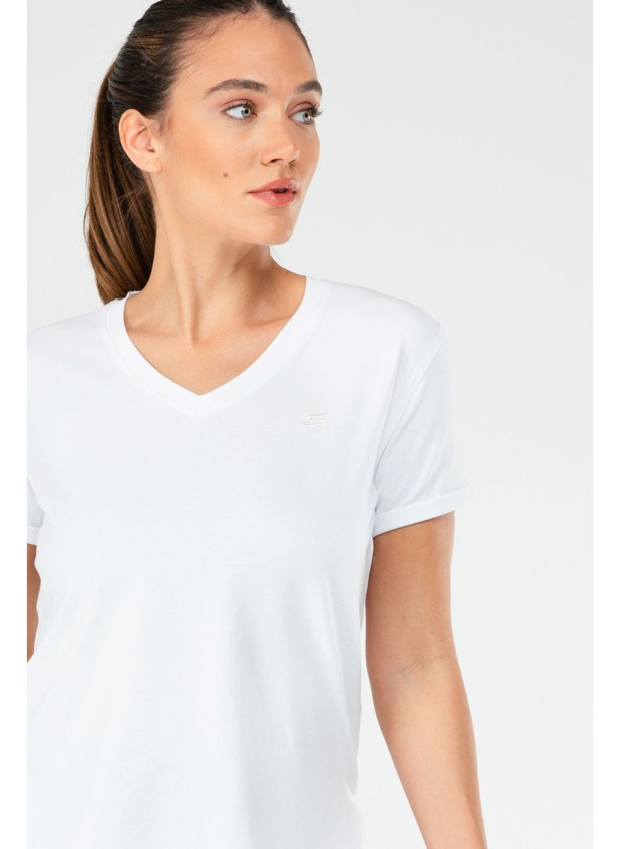 Regular White Regular Fit Plain Cotton V-Neck Short Sleeve Women's T-Shirt White Standard Knitted