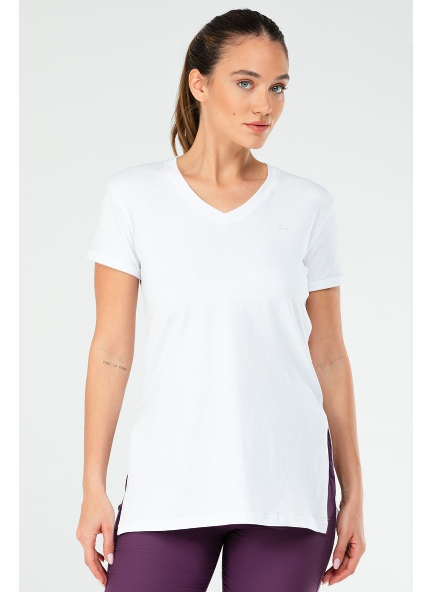 Regular White Regular Fit Plain Cotton V-Neck Short Sleeve Women's T-Shirt White Standard Knitted