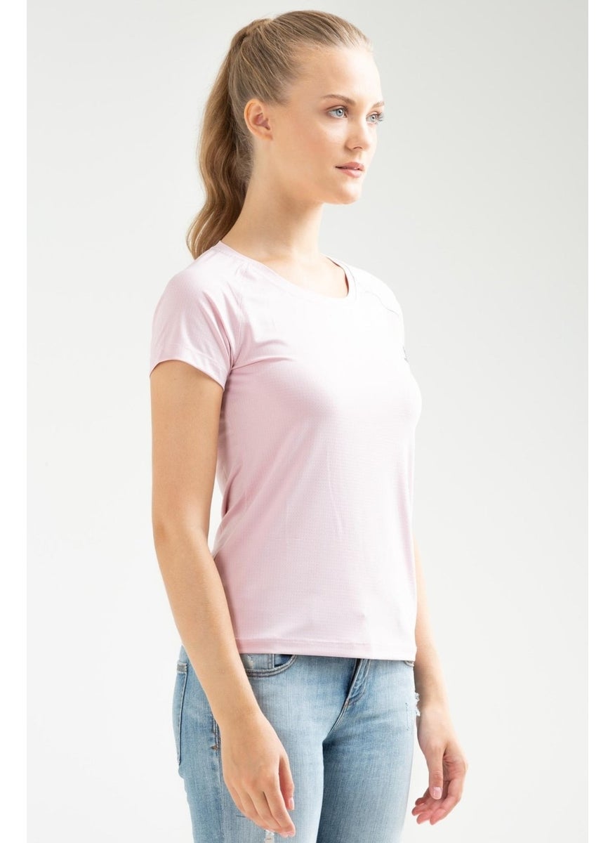 Beige Pink Slim Fit Knitted Pattern Lycra O Neck Short Sleeve Women's T-Shirt