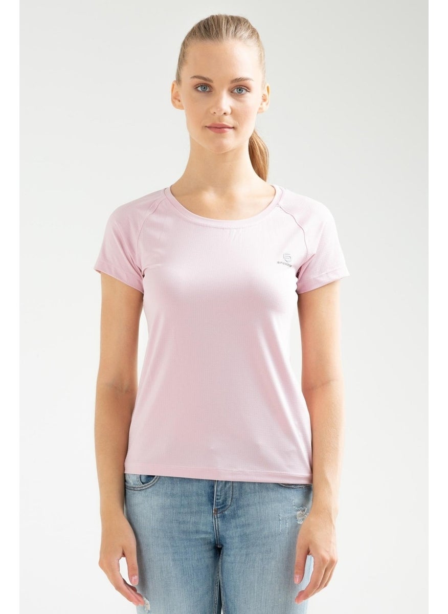 Beige Pink Slim Fit Knitted Pattern Lycra O Neck Short Sleeve Women's T-Shirt
