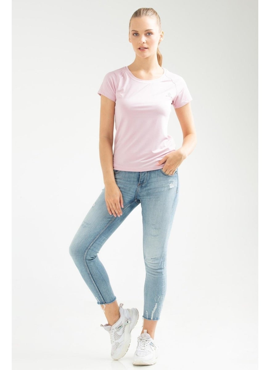 Beige Pink Slim Fit Knitted Pattern Lycra O Neck Short Sleeve Women's T-Shirt