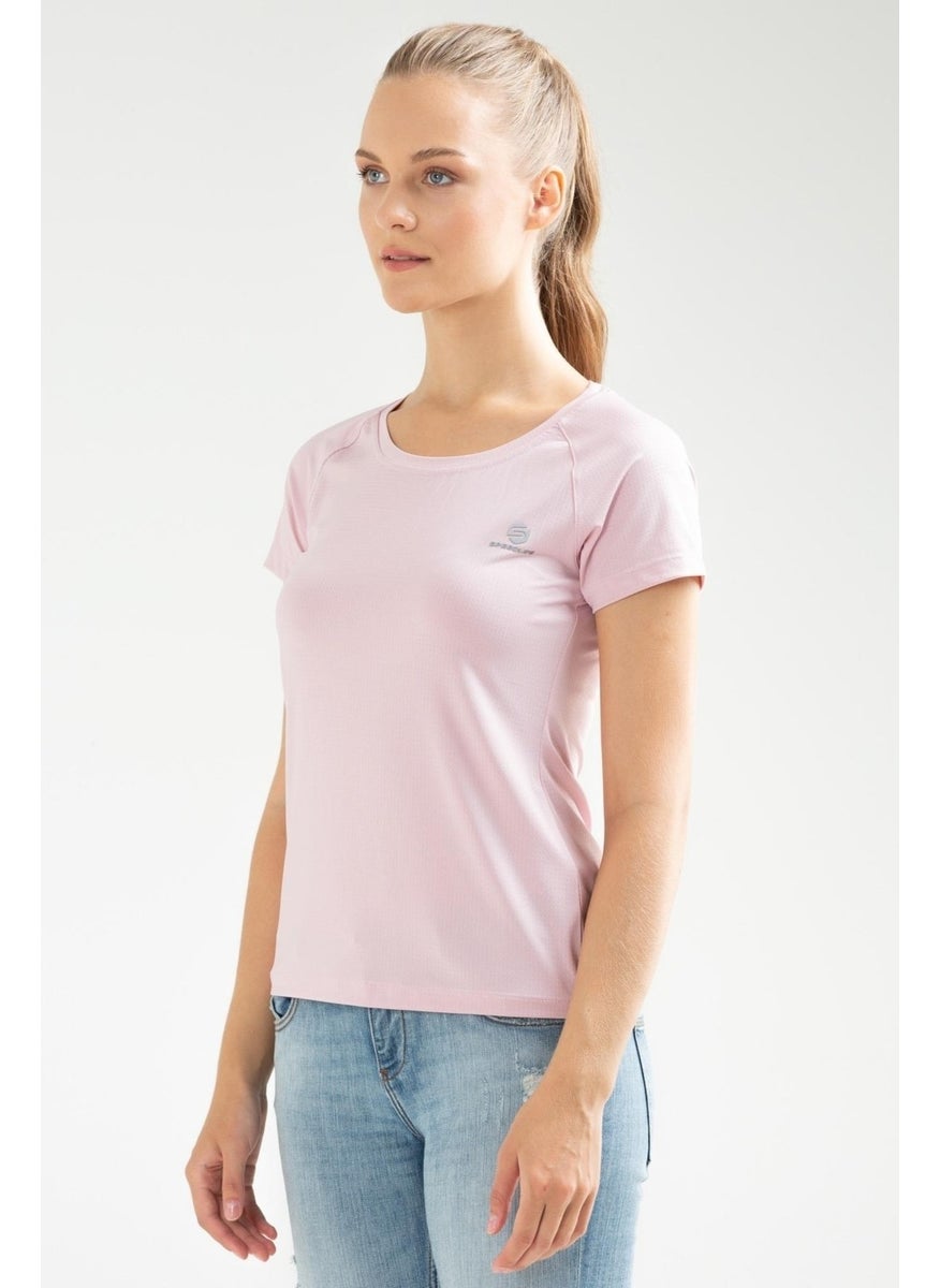 Beige Pink Slim Fit Knitted Pattern Lycra O Neck Short Sleeve Women's T-Shirt