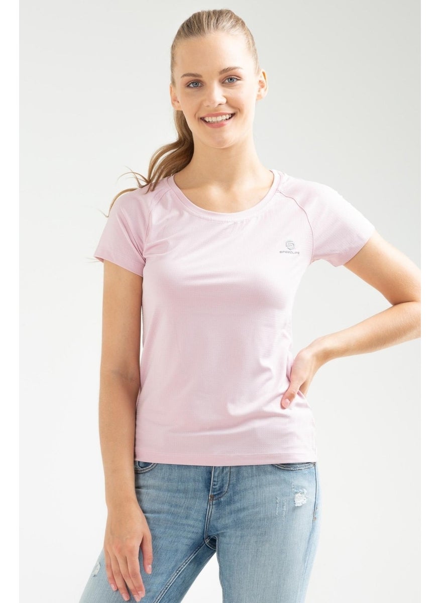 Beige Pink Slim Fit Knitted Pattern Lycra O Neck Short Sleeve Women's T-Shirt
