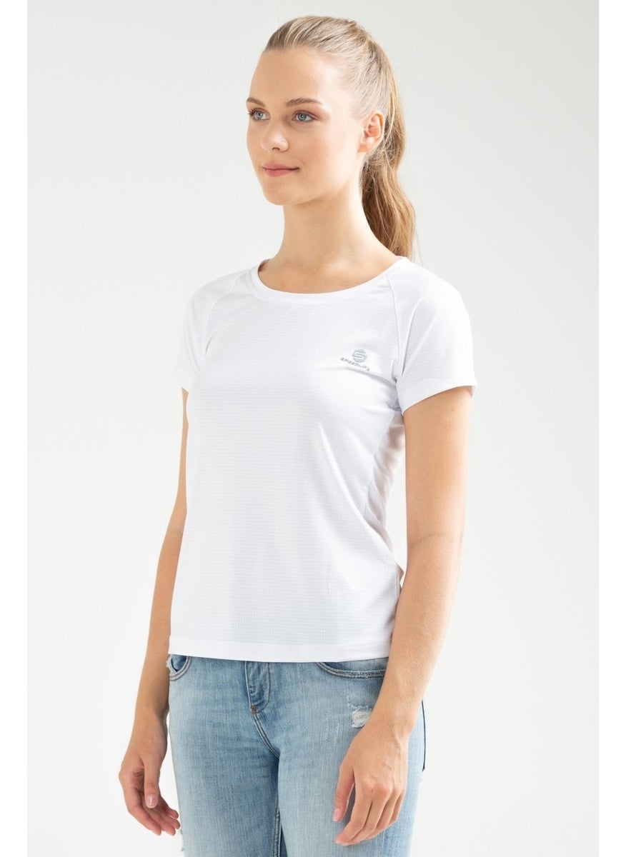White White Slim Fit Knitted Pattern Lycra O Neck Short Sleeve Women's T-Shirt