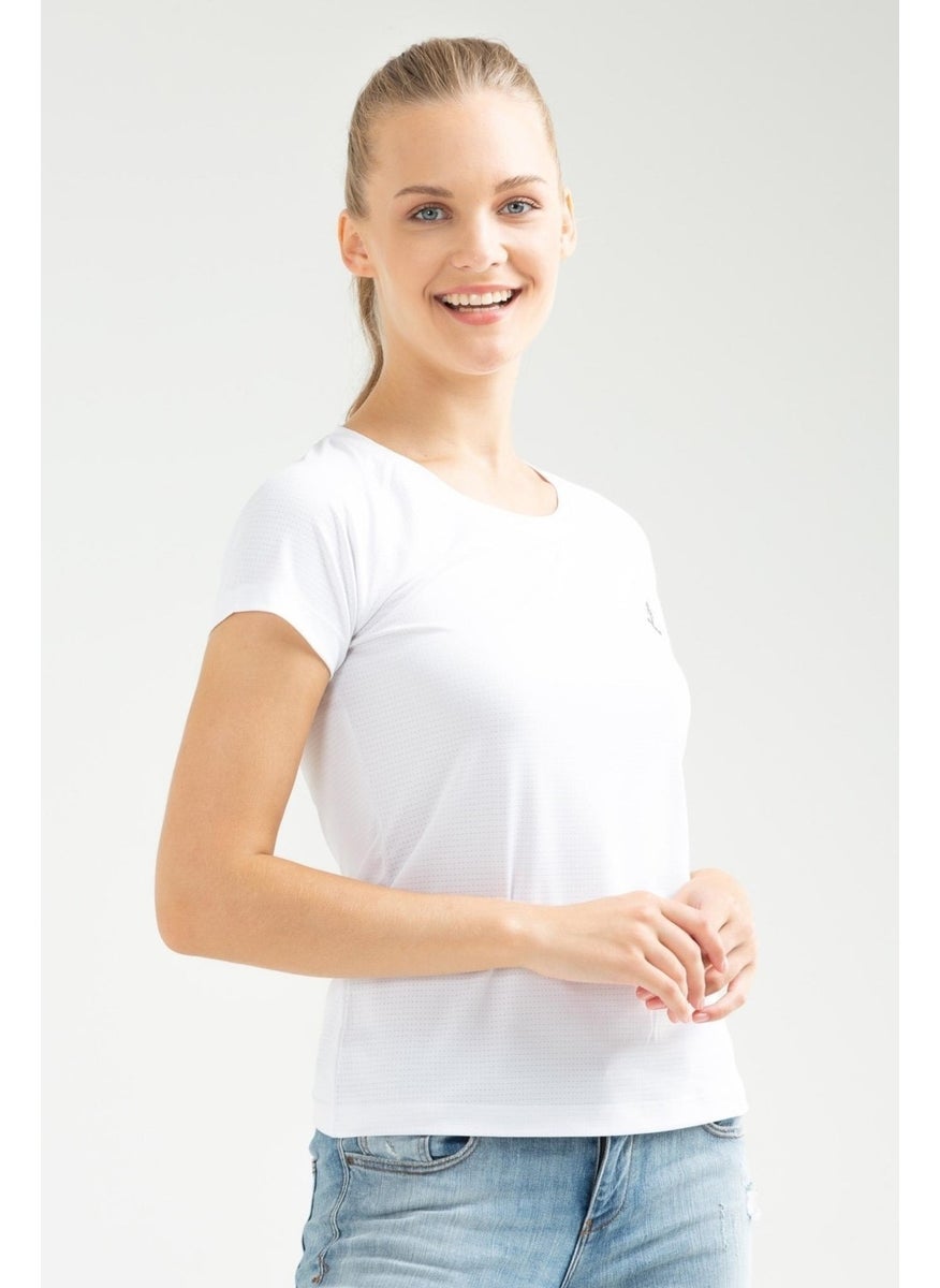 White White Slim Fit Knitted Pattern Lycra O Neck Short Sleeve Women's T-Shirt