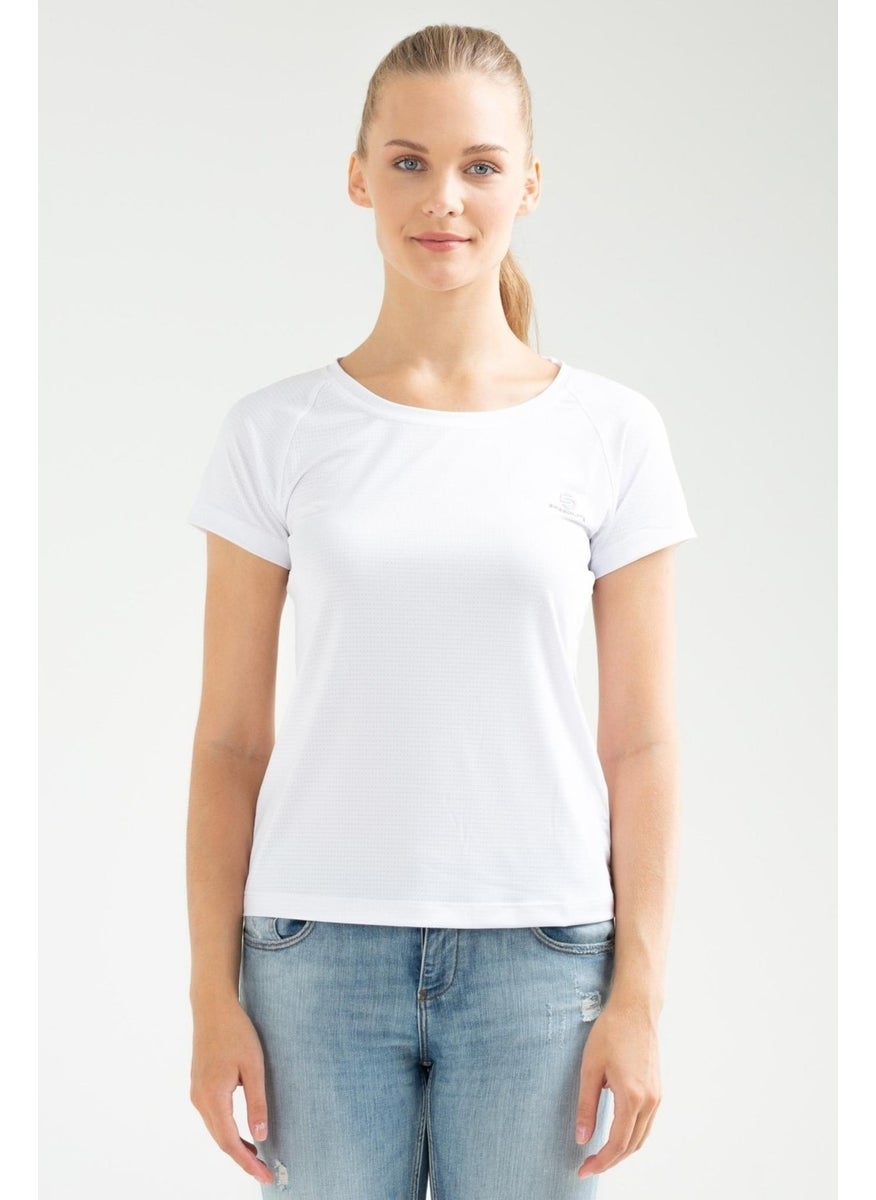 White White Slim Fit Knitted Pattern Lycra O Neck Short Sleeve Women's T-Shirt