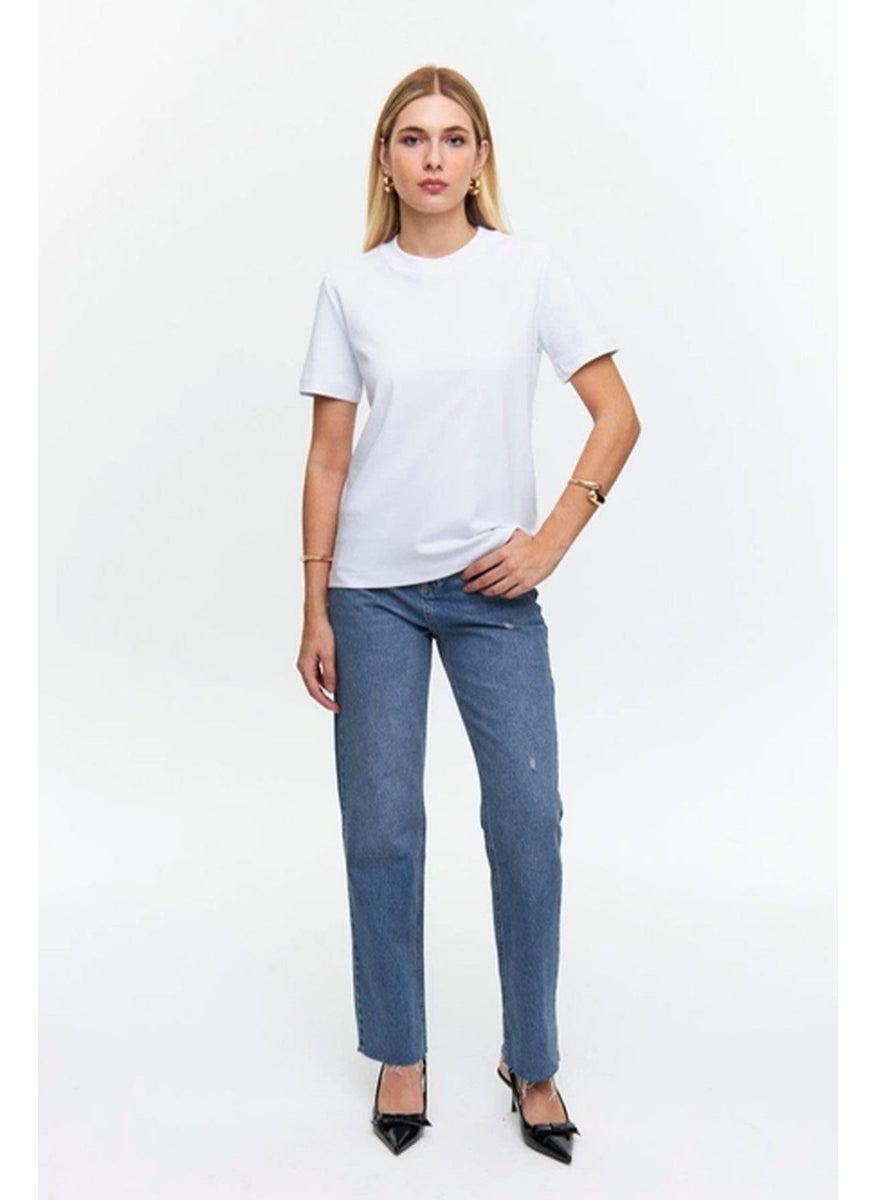 Women's White Crew Neck Cardigan Stitched Basic T-Shirt