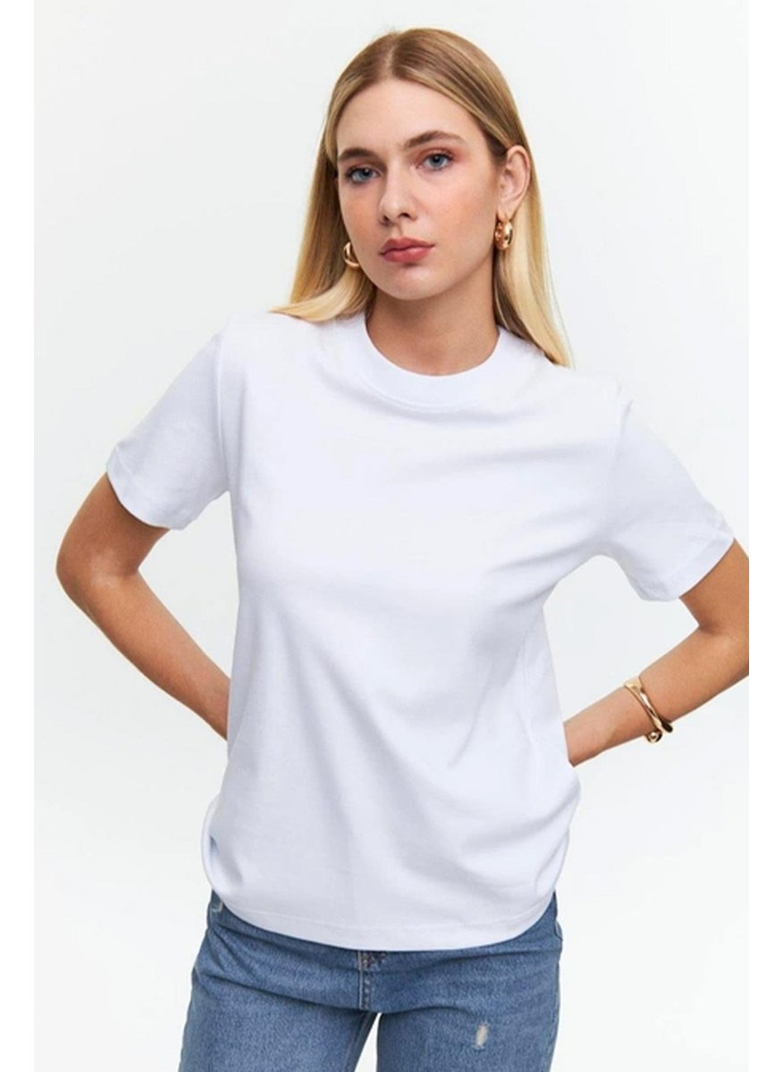 Women's White Crew Neck Cardigan Stitched Basic T-Shirt