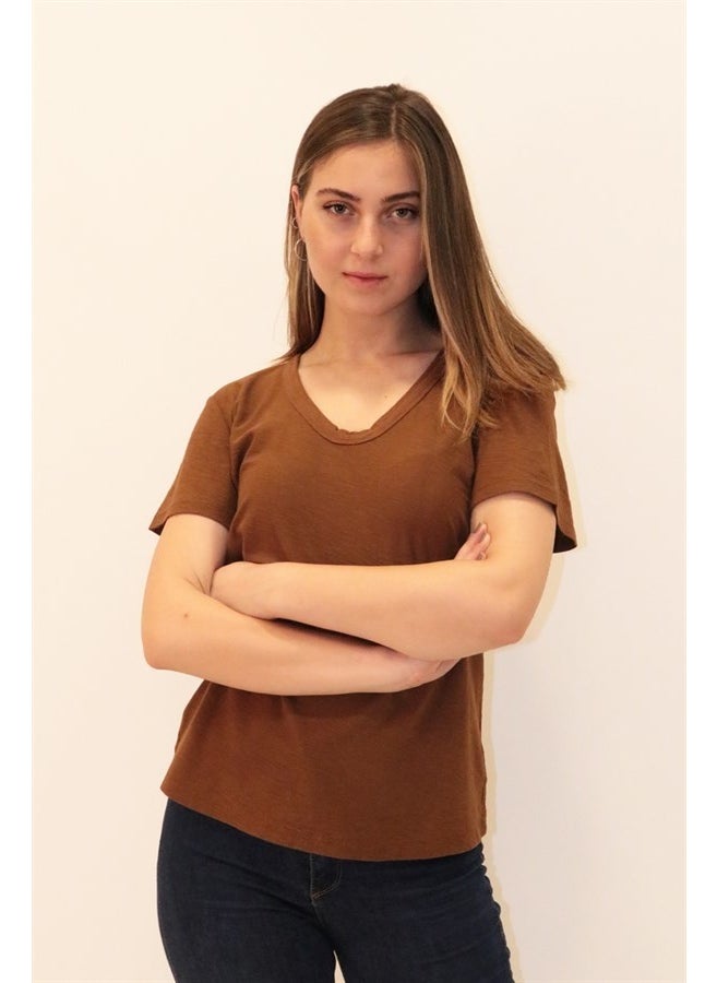 Women's Organic V Neck Brown T-Shirt