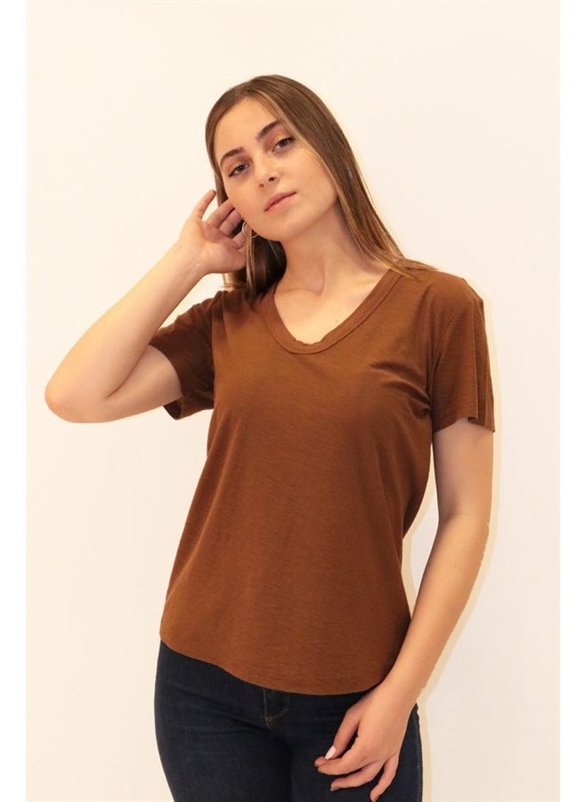 Women's Organic V Neck Brown T-Shirt