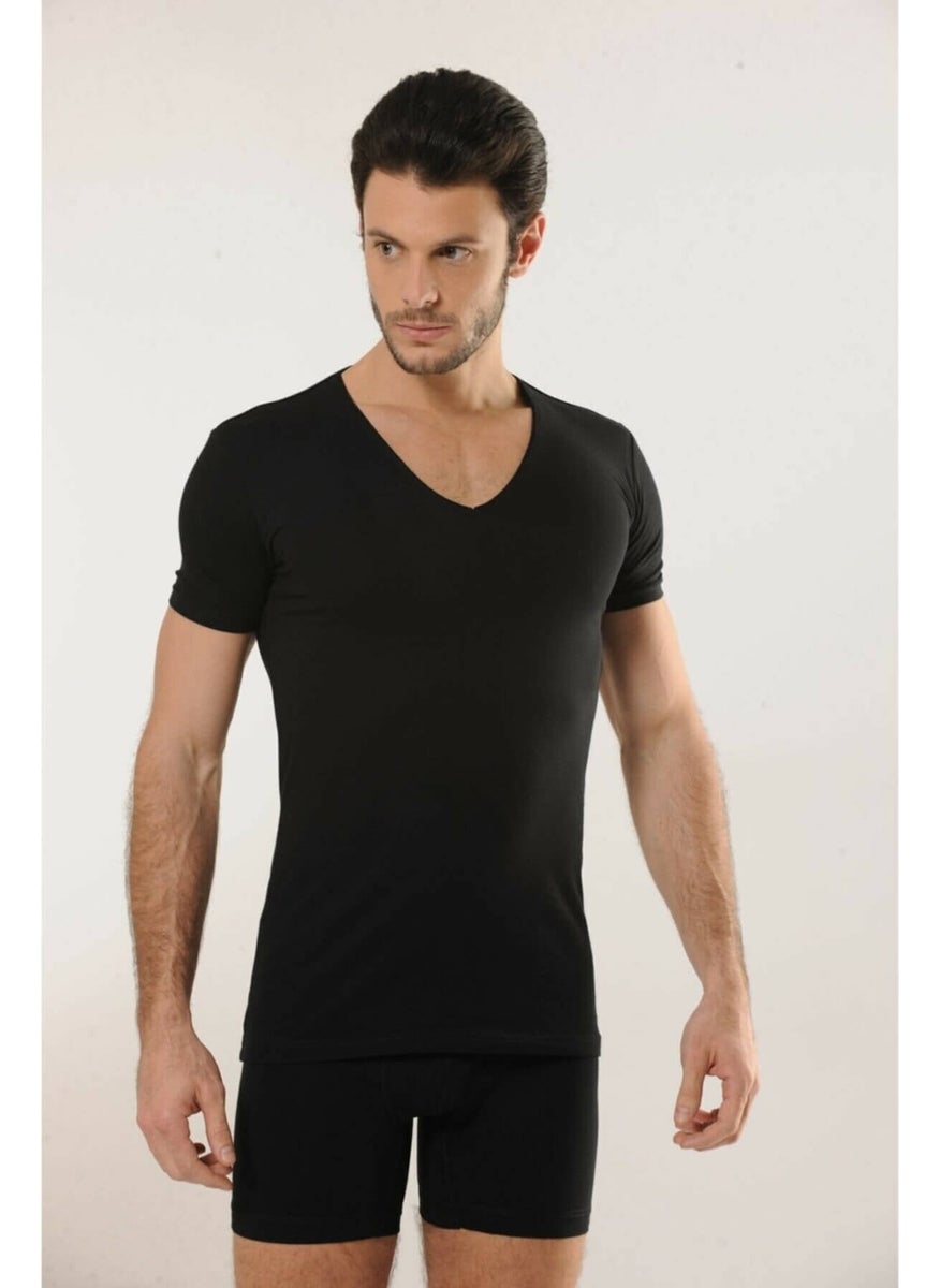 713 Deep V Neck Short Sleeve Lycra T-Shirt - Black