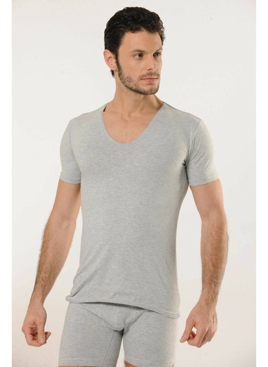 713 Deep V Neck Short Sleeve Lycra T-Shirt - Gray