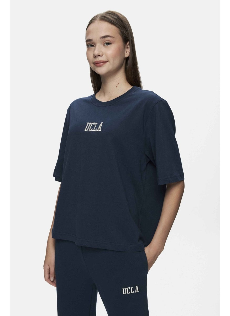 Manuela Navy Blue Crew Neck T-shirt Embroidered Loose Fit Women's T-shirt
