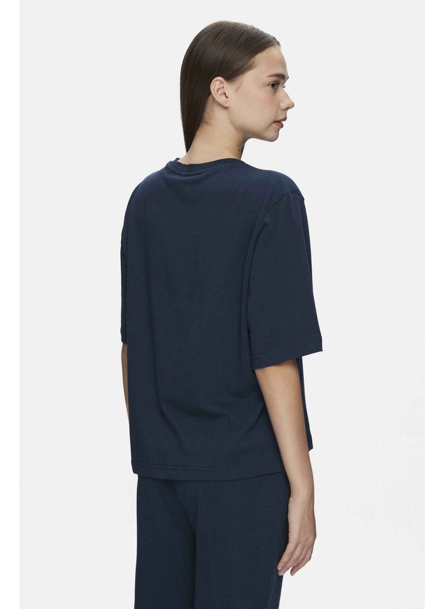Manuela Navy Blue Crew Neck T-shirt Embroidered Loose Fit Women's T-shirt