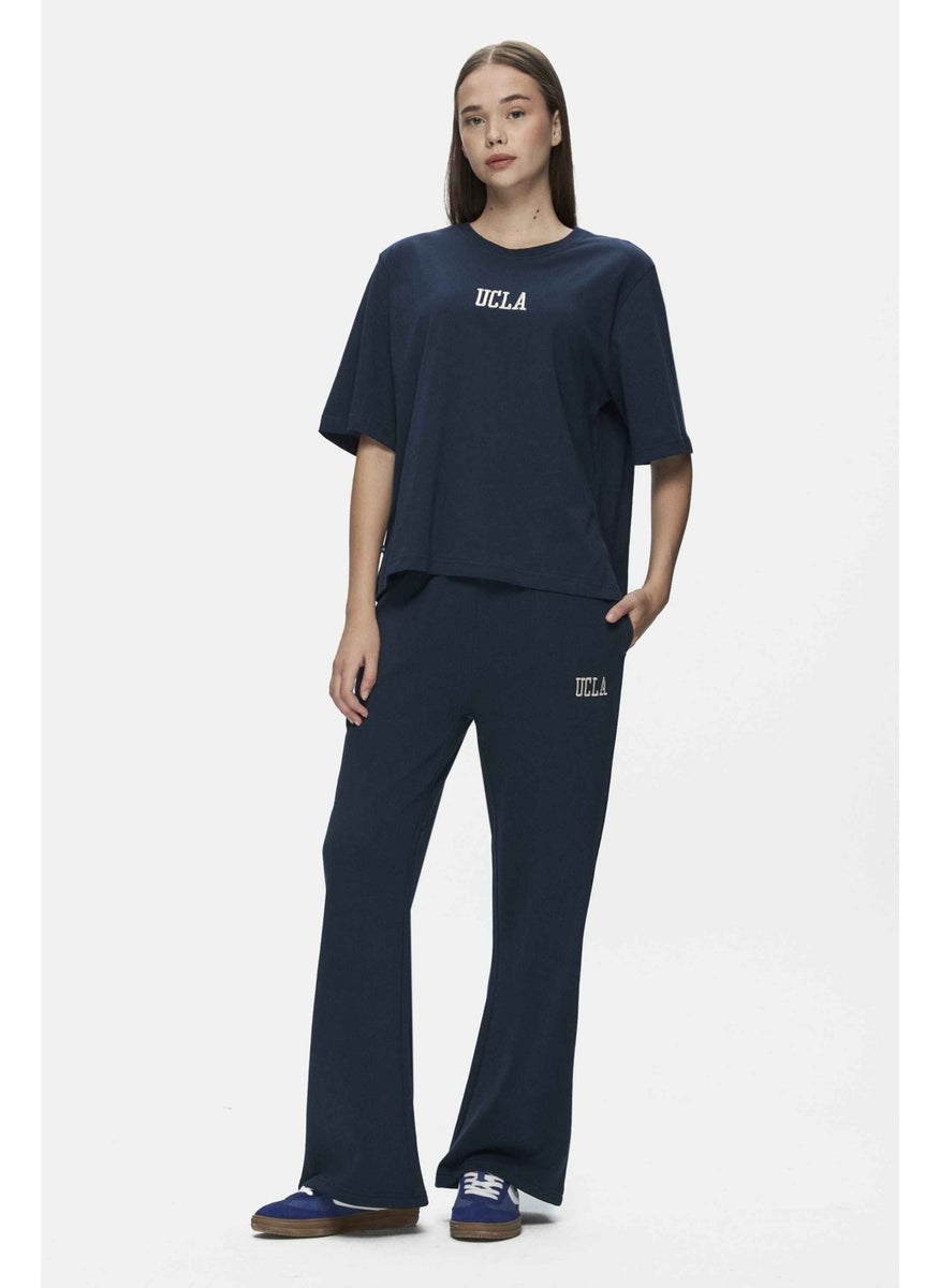 Manuela Navy Blue Crew Neck T-shirt Embroidered Loose Fit Women's T-shirt