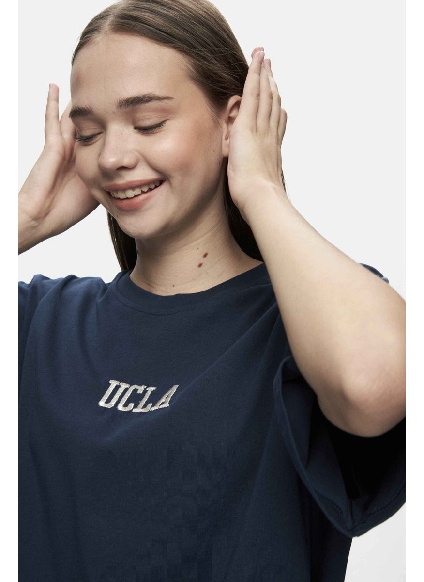 Manuela Navy Blue Crew Neck T-shirt Embroidered Loose Fit Women's T-shirt