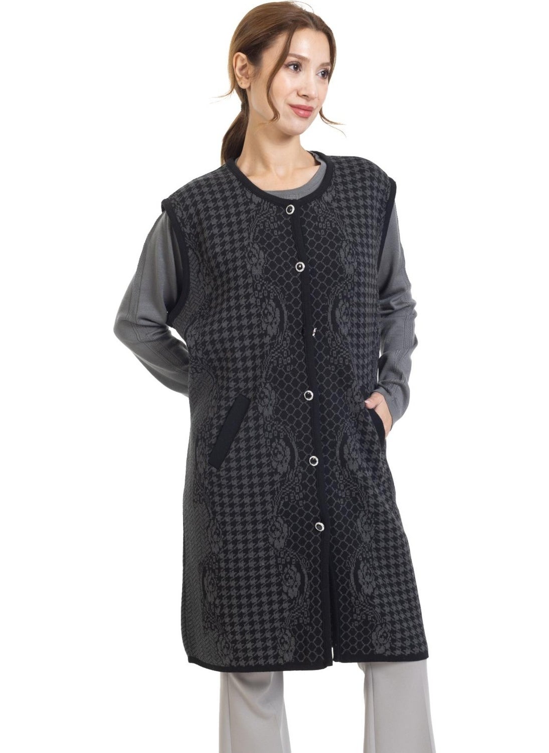 Women Middle Age and Above Knitwear Knit Buttoned Rose Patterned Mother Long Vest 364