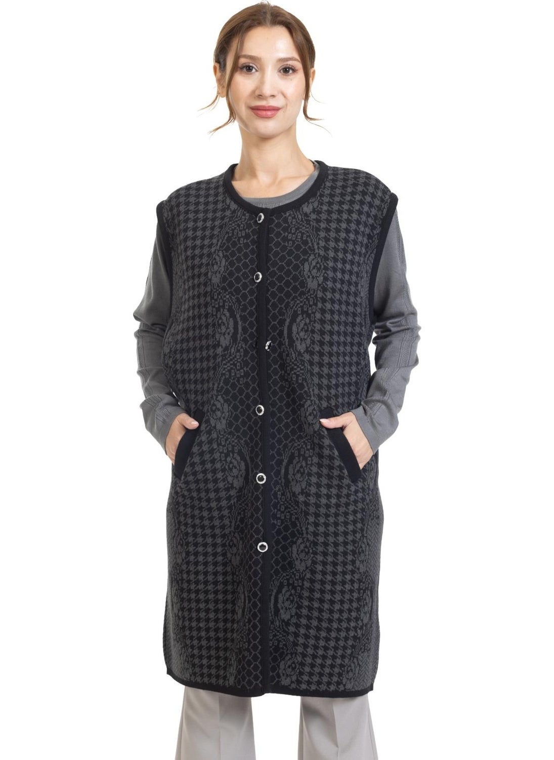 Women Middle Age and Above Knitwear Knit Buttoned Rose Patterned Mother Long Vest 364