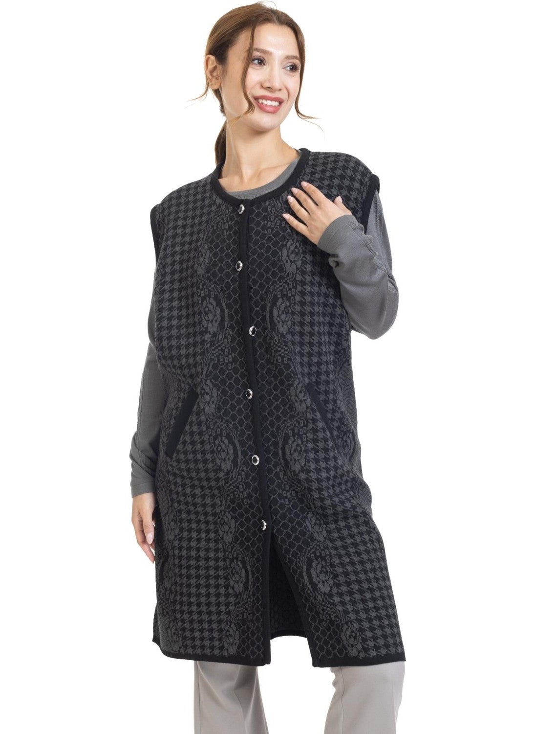 Women Middle Age and Above Knitwear Knit Buttoned Rose Patterned Mother Long Vest 364