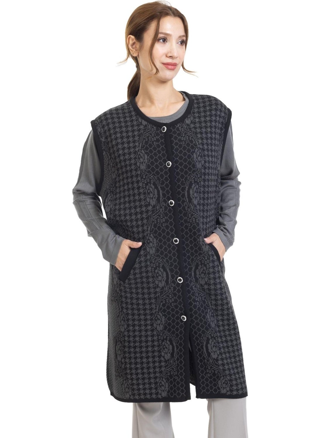Women Middle Age and Above Knitwear Knit Buttoned Rose Patterned Mother Long Vest 364