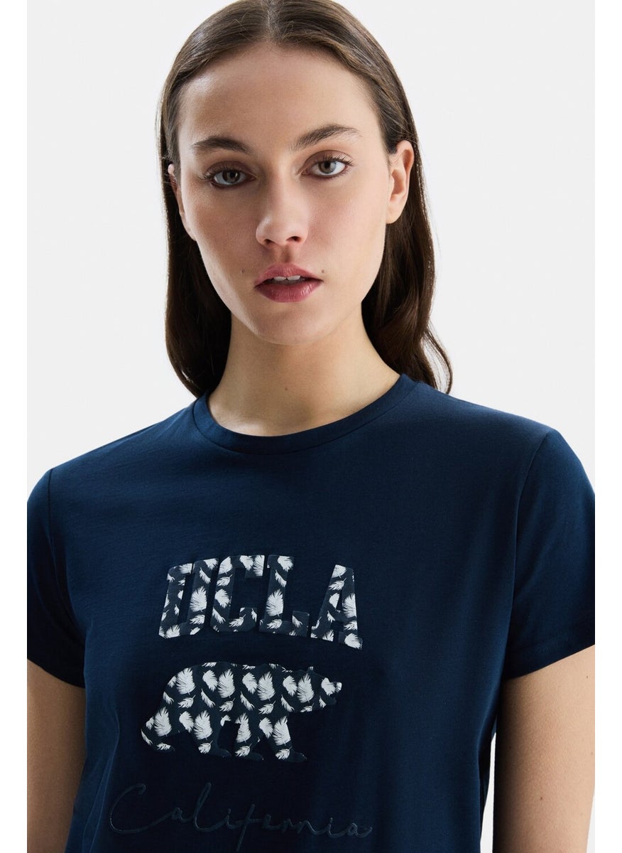 Allison Navy Blue Crew Neck Printed Women's Tshirt