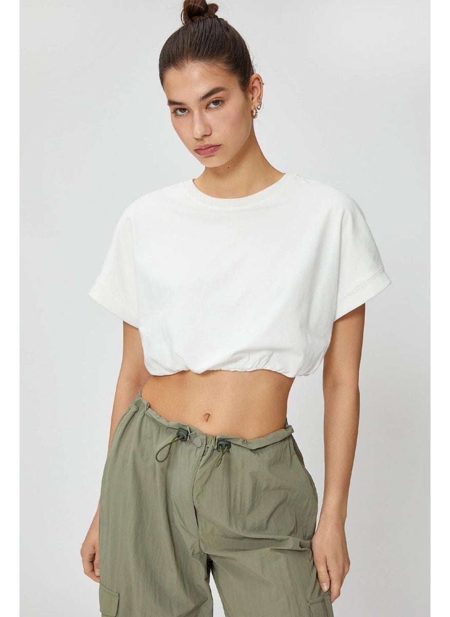 Women's White Crew Neck Skirt Elastic Jersey Crop T-Shirt